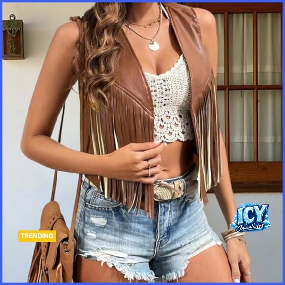 Women's PU Leather Fringe Vest Sleeveless Open Front Tassel Waistcoat - Picture 5 of 7